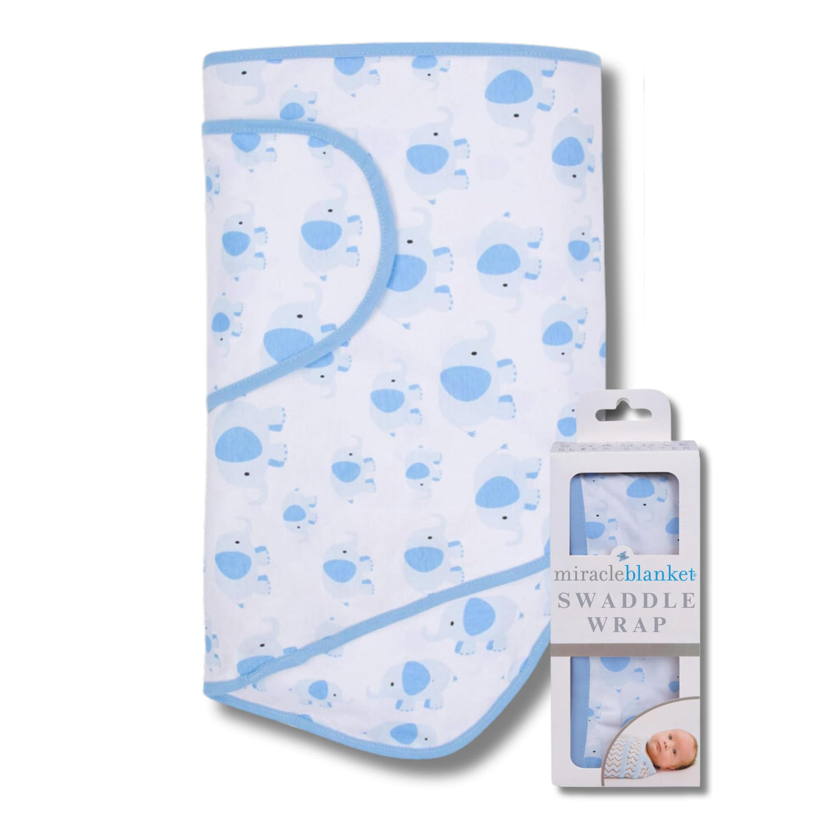 Miracle Blanket swaddle Blue Elephants shows secure arm hug for calmer sleep.