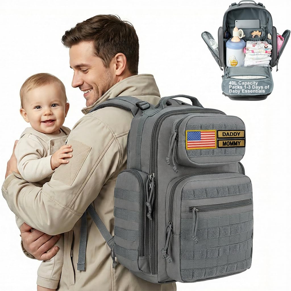 MIRACOL Diaper Bag Backpack grey front view showcases rugged 40L capacity for dad-ready travel.