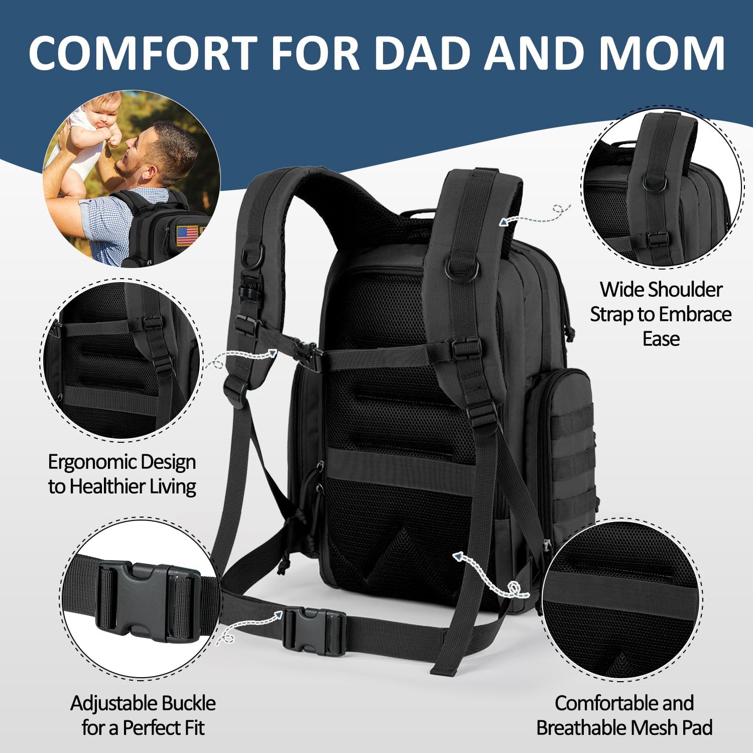 MIRACOL diaper bag worn as backpack demonstrates hands-free versatility for busy parents