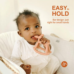 Miraloop Jellydog teether dog-shaped ergonomic design fits small hands.