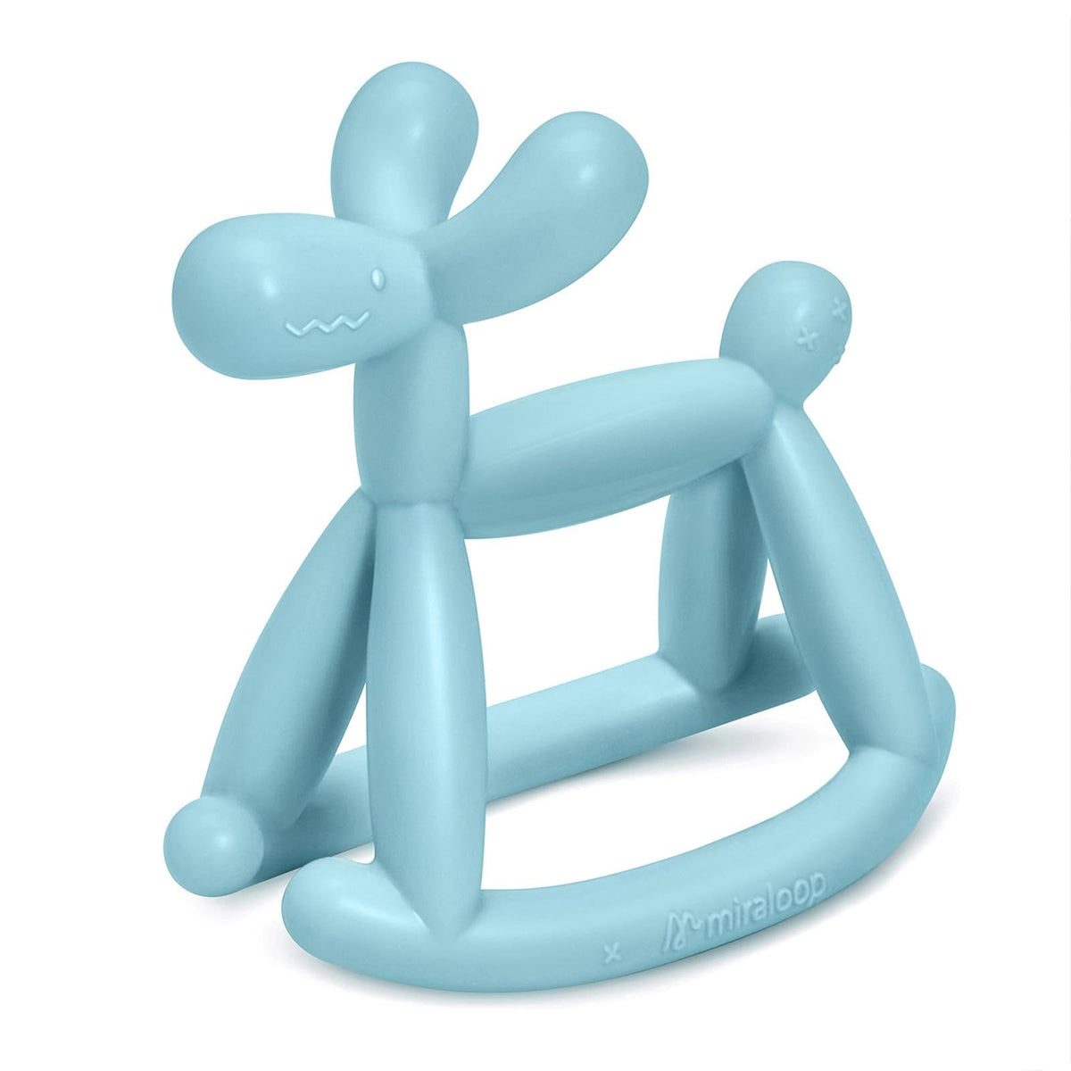 Miraloop Jellydog teether hand grip supports early fine motor skill practice.