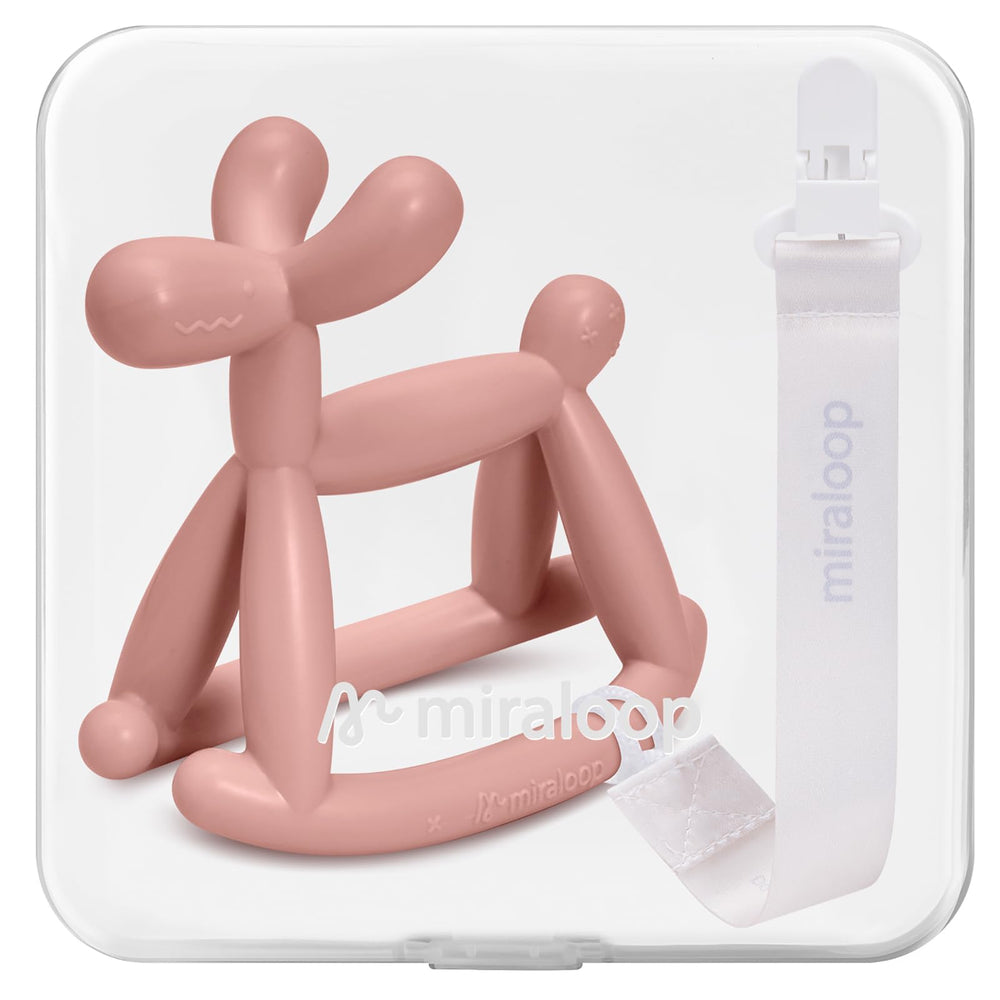 Miraloop teether balloon-dog coral front view offers soothing gum relief.