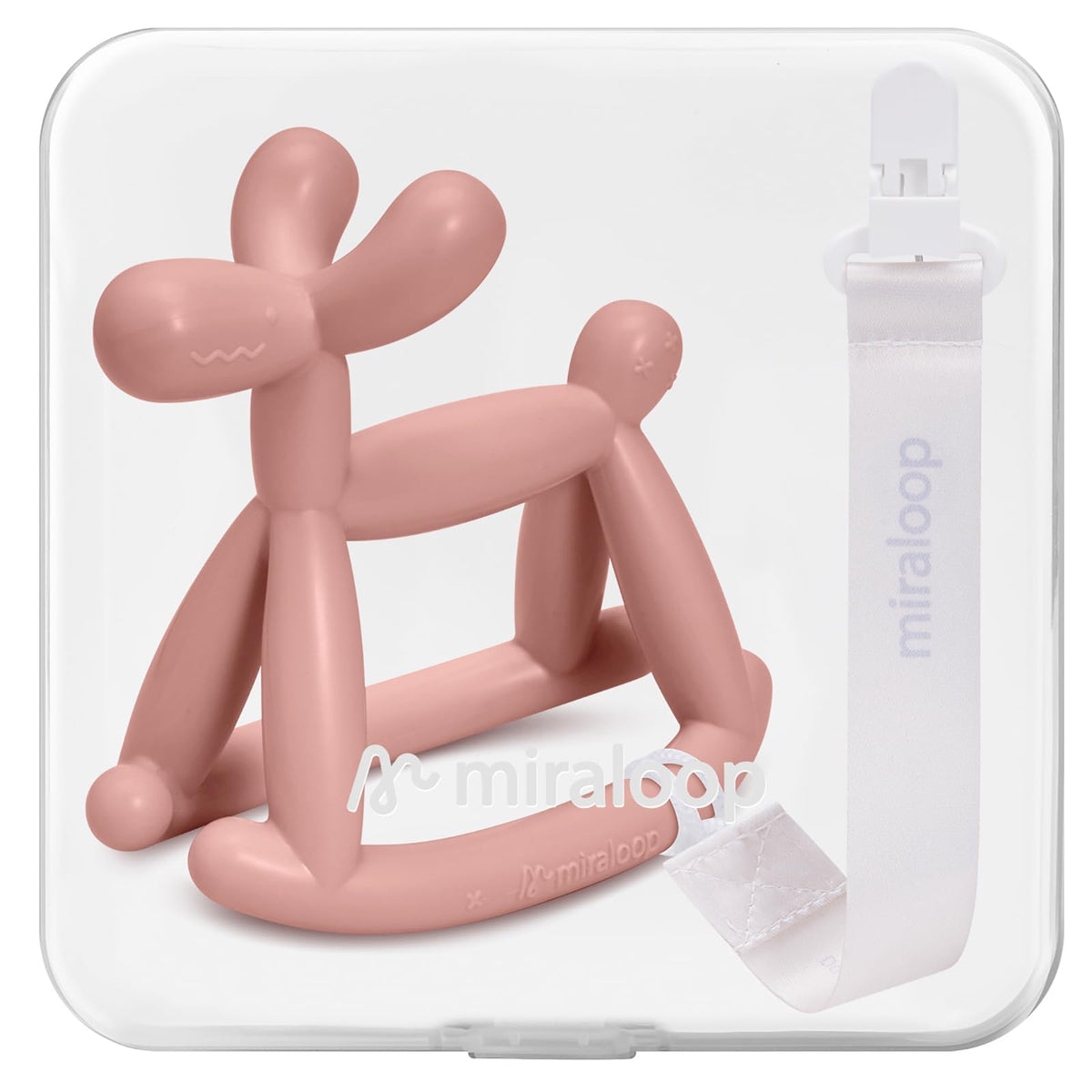Miraloop teether balloon-dog coral front view offers soothing gum relief.