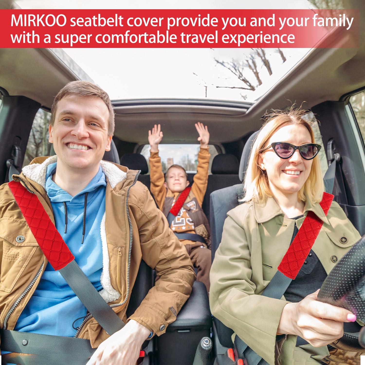 MIRKOO seat belt pad easy-install close-up shows hook-and-loop fastener in action