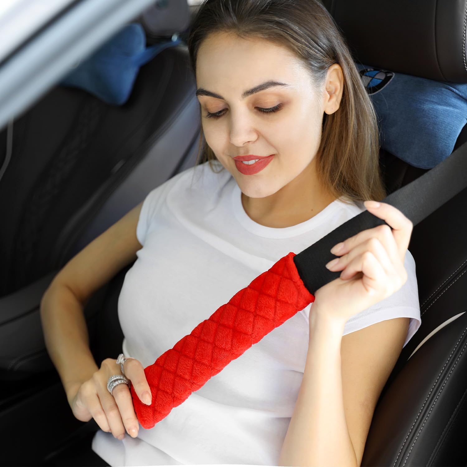 MIRKOO seat belt pad front view shows cushion for shoulders and comfort