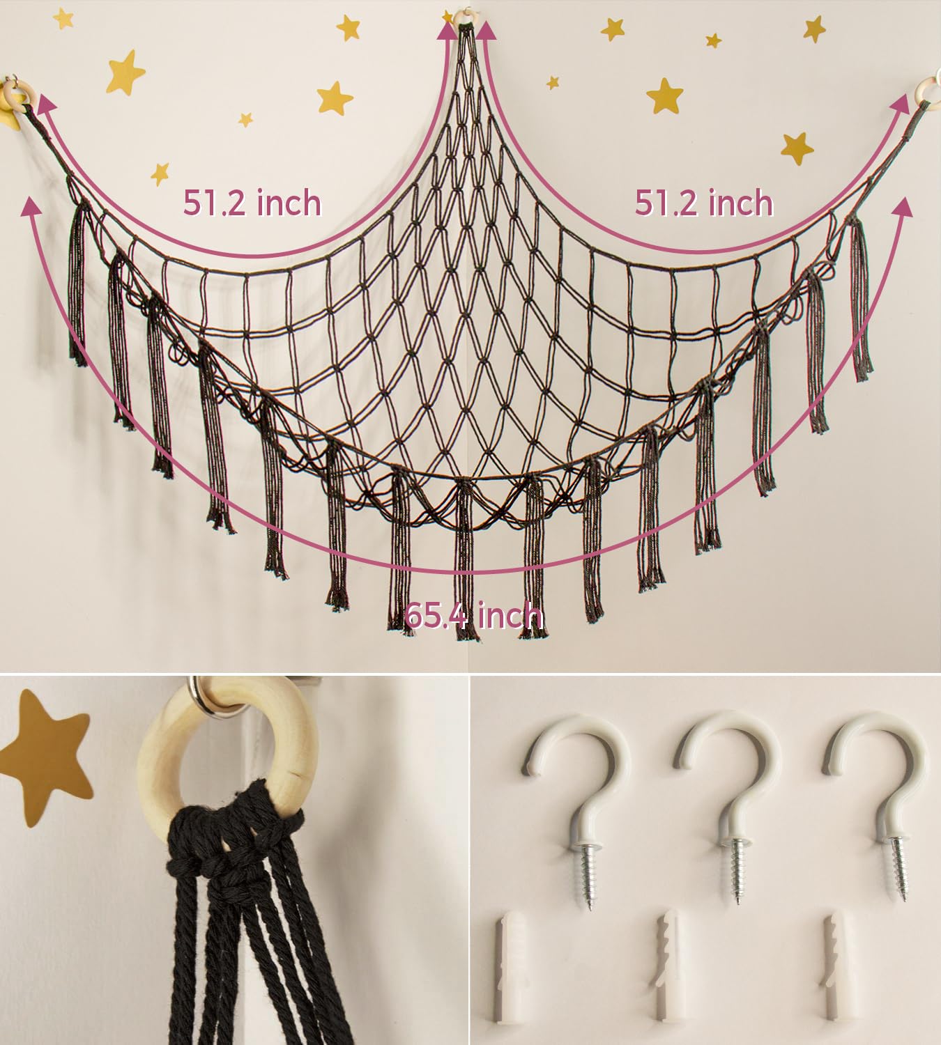 Mirolam bohemian decor in a room with toy hammock keeps plushies organized.