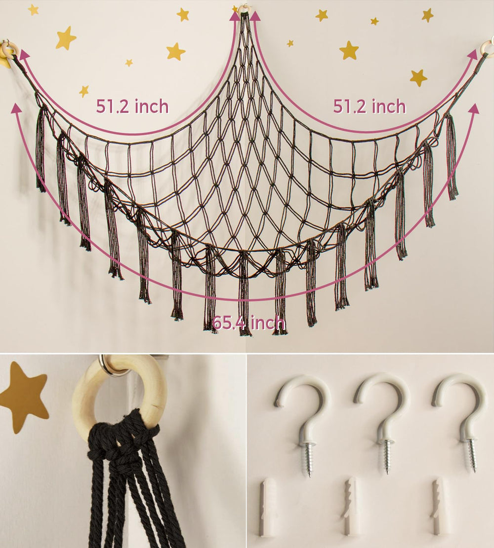 Mirolam bohemian decor in a room with toy hammock keeps plushies organized.
