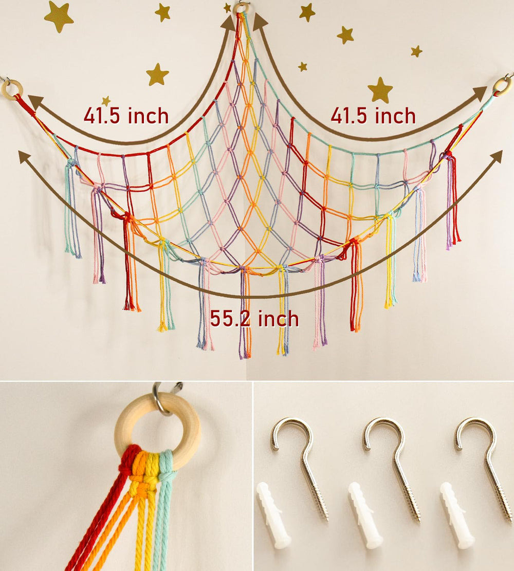 Mirolam colorful toy hammock in a kid's room boosts playful organization.