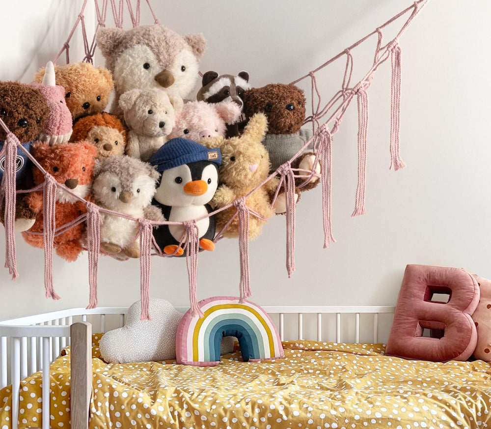 Mirolam large toy hammock net organizer keeps plush toys neatly off the floor.