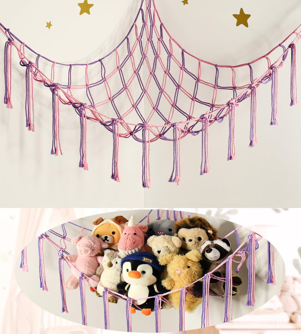 Mirolam large stuffed animal hammock in pink corner for toy organization and display
