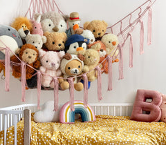 Mirolam macrame toy hammock close-up showcases premium cotton texture for durable storage.