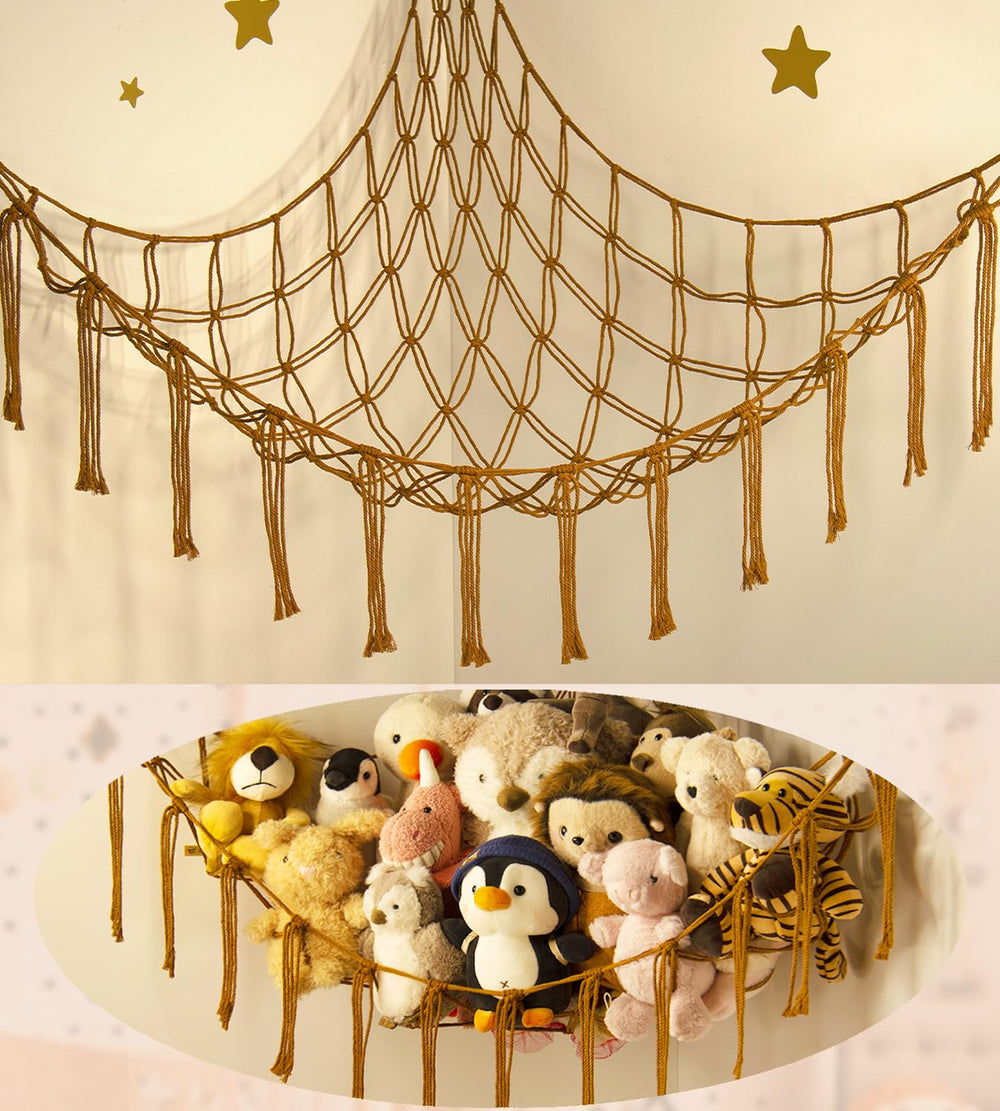 Mirolam stuffed animal hammock in corner for organized toy storage