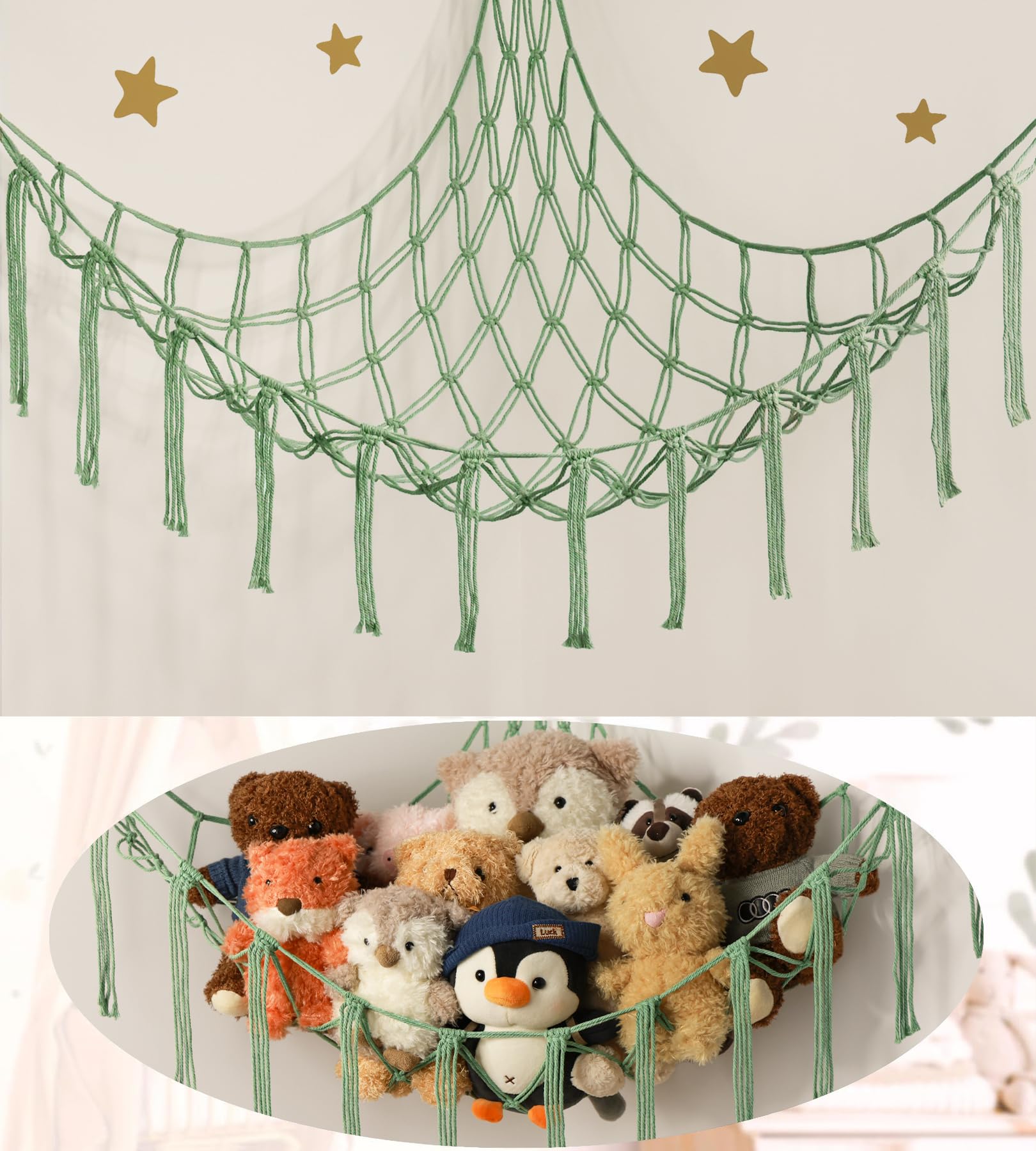 Mirolam stuffed animal hammock corner net holds plush toys neatly for organized space.