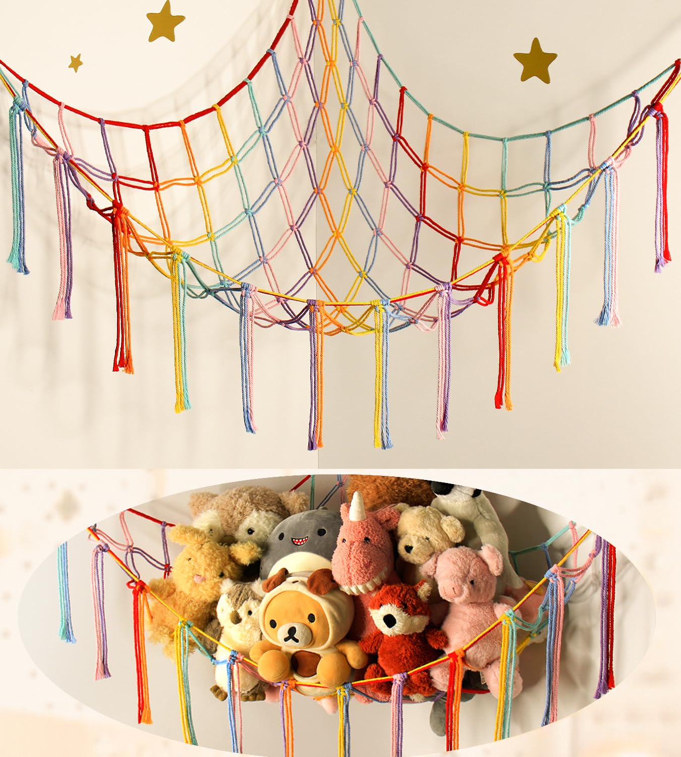 Mirolam stuffed animal hammock corner storage setup demonstrates space-saving organization.