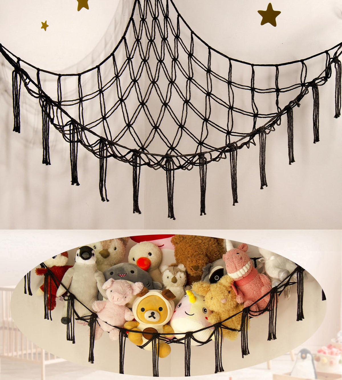Mirolam stuffed animal hammock left view demonstrates space-saving plush storage