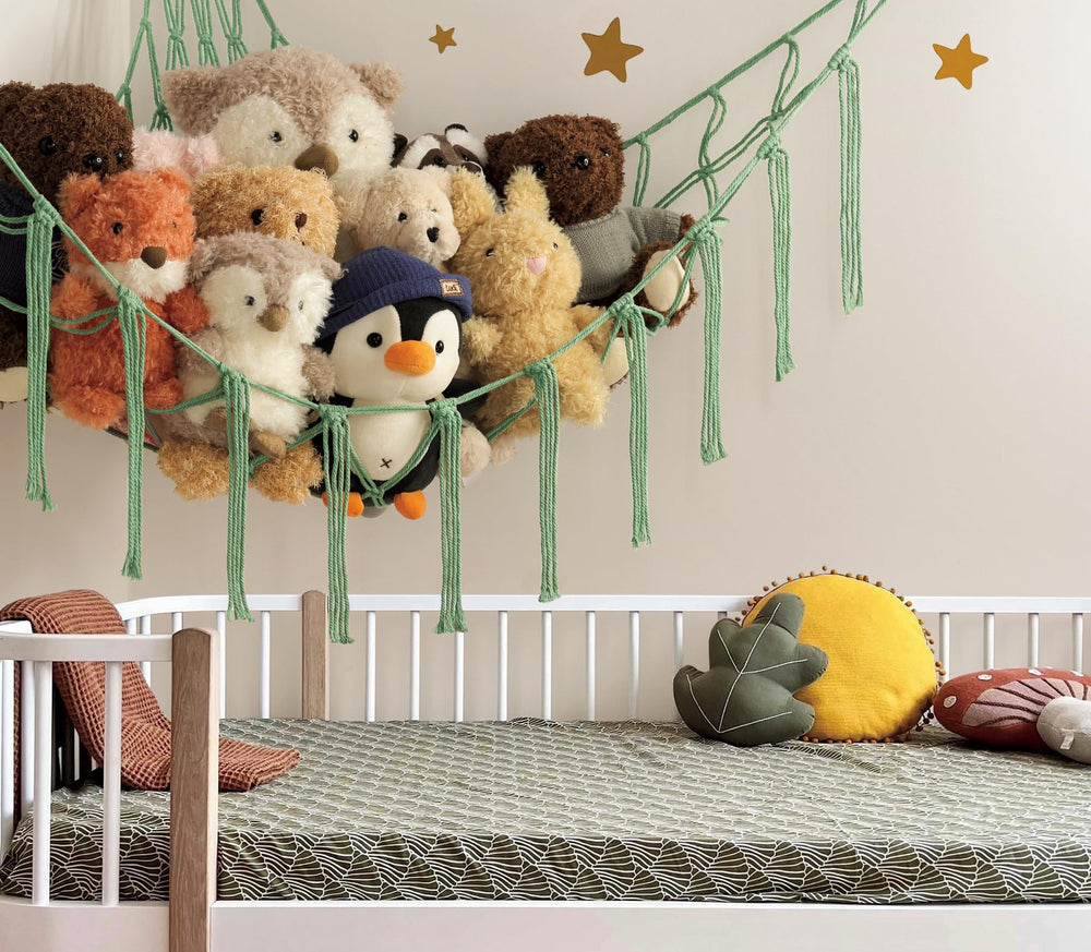 Mirolam stuffed animal hammock with macrame rope showcases craftsmanship for durability.