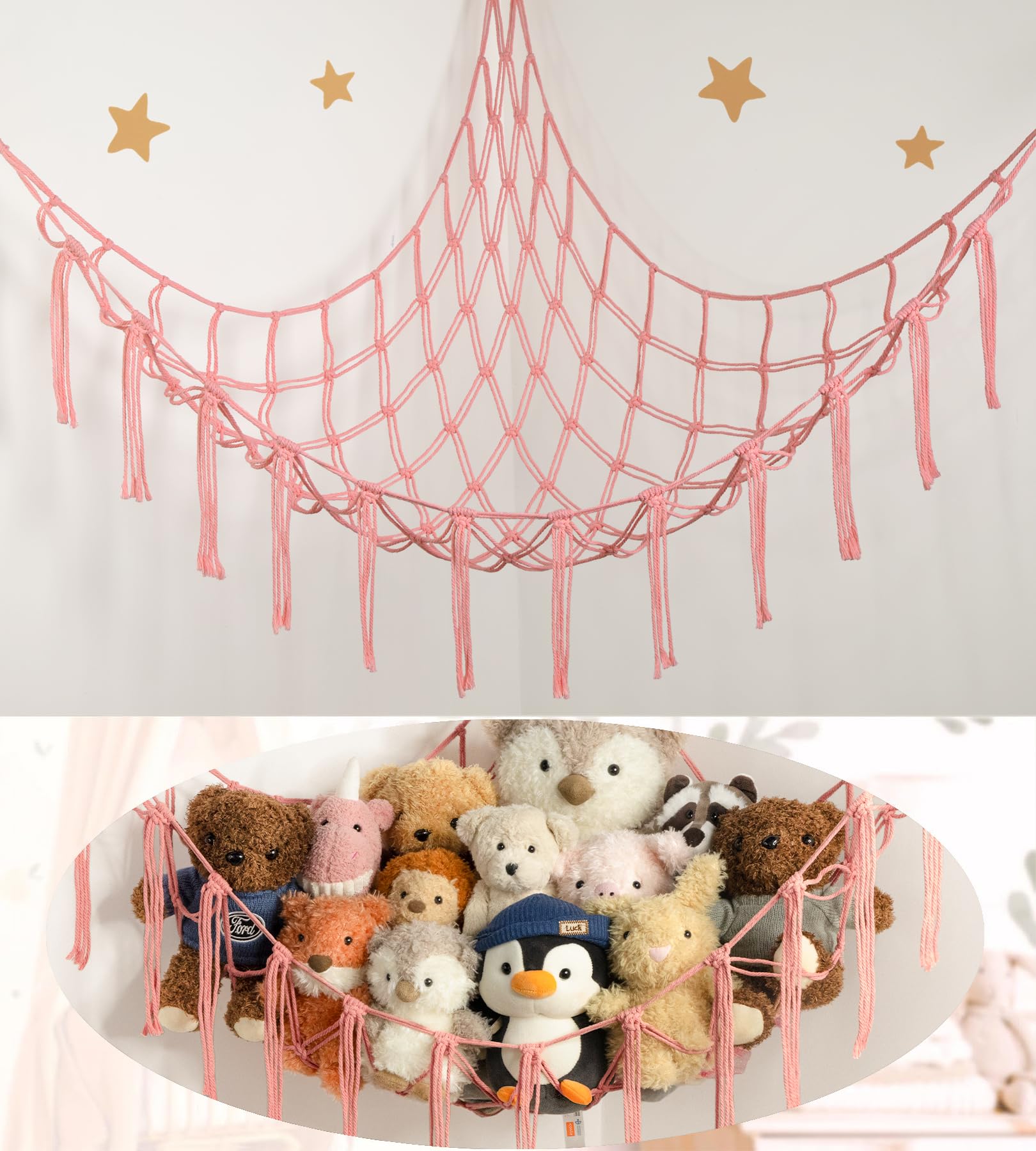 mirolam stuffed animal hammock mounted in a cozy kids room for organized play