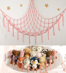 mirolam stuffed animal hammock mounted in a cozy kids room for organized play