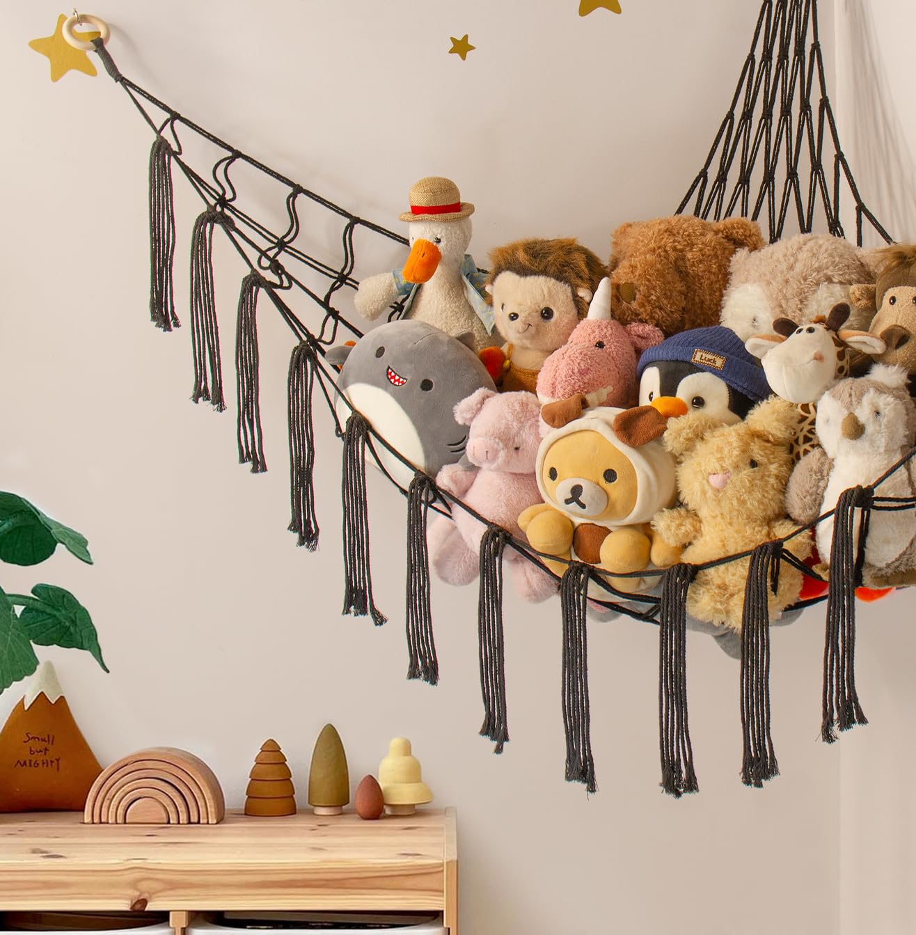 Mirolam stuffed animal hammock in corner demonstrates easy, neat organization.