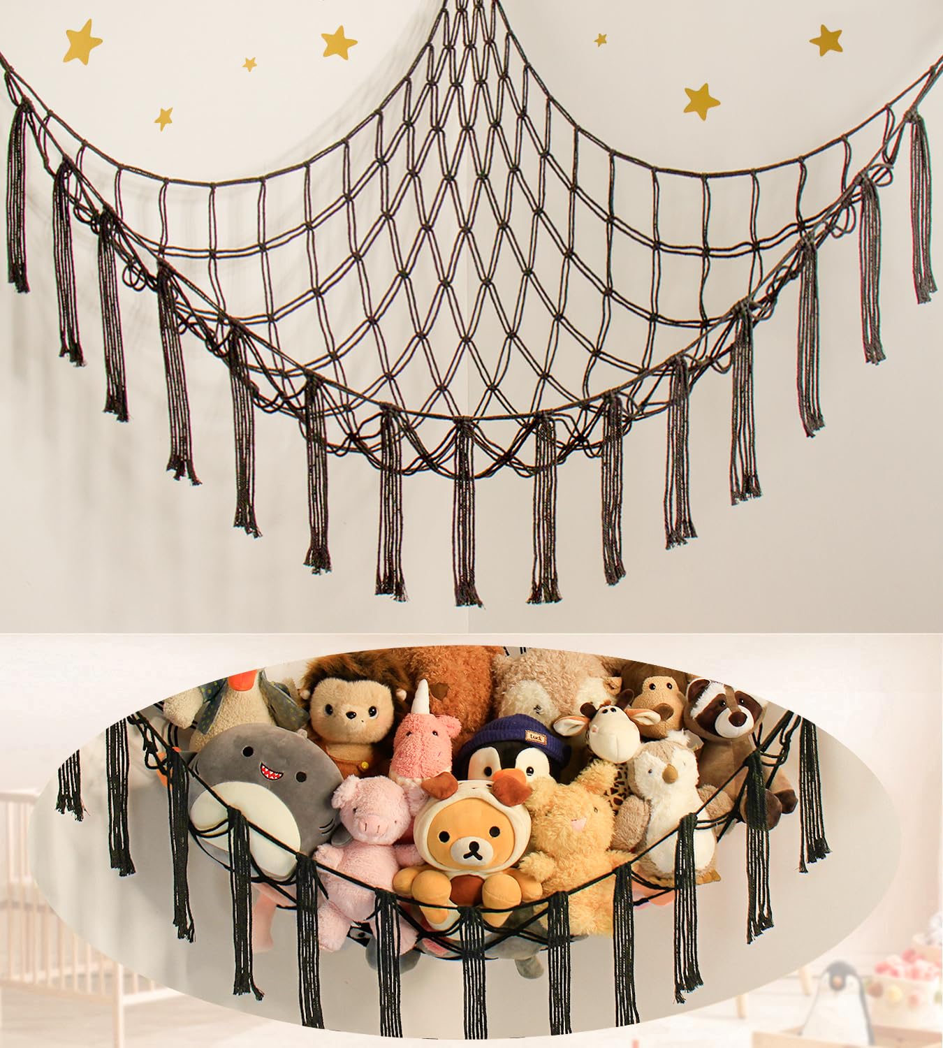 Mirolam stuffed animal hammock net main view shows space-saving plush storage.