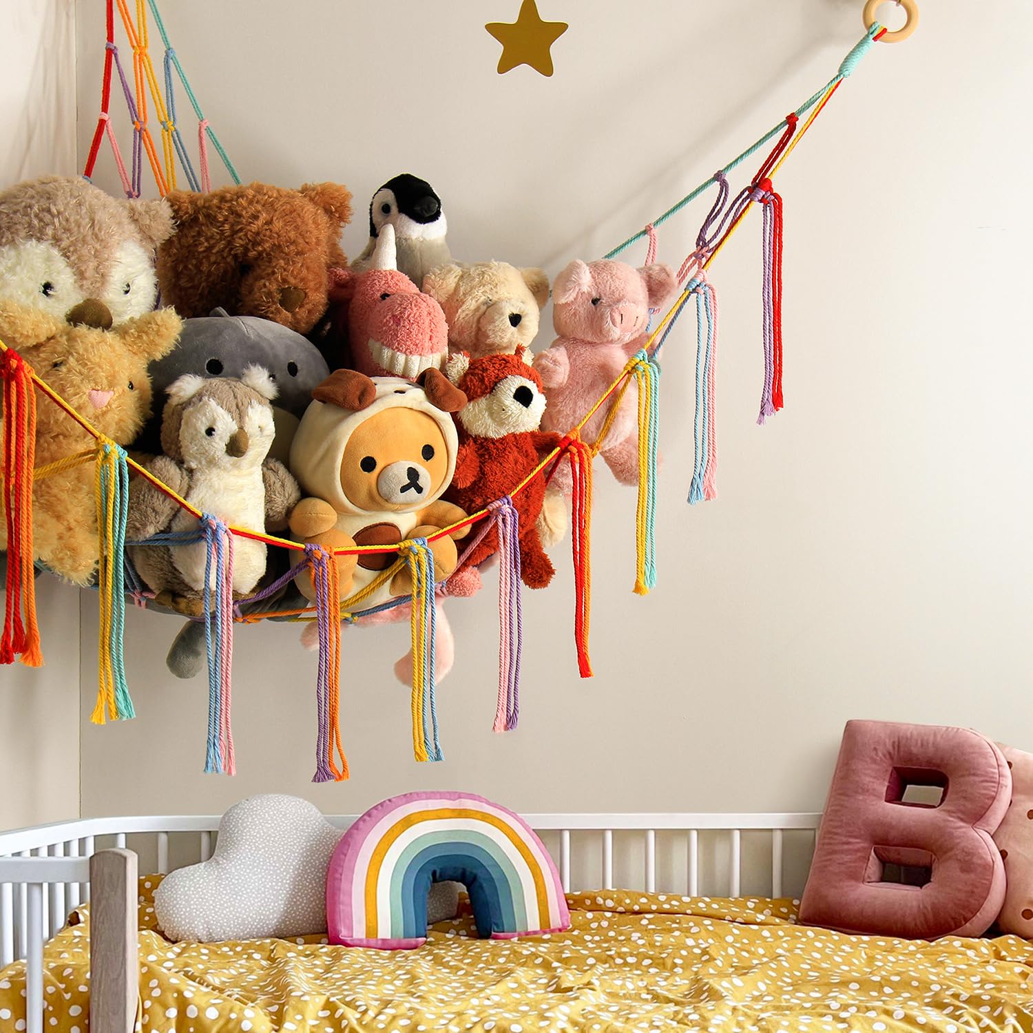 Mirolam stuffed animal hammock close-up highlights soft cotton and durable macrame.