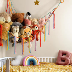 Mirolam stuffed animal hammock close-up highlights soft cotton and durable macrame.