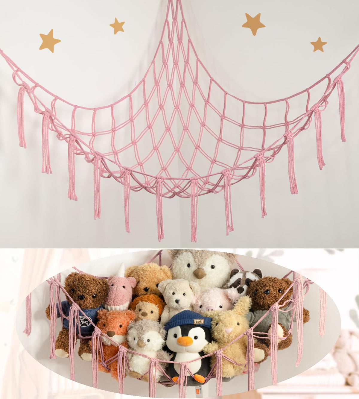 Mirolam stuffed animal hammock wall-mount captures clutter-free play spaces.