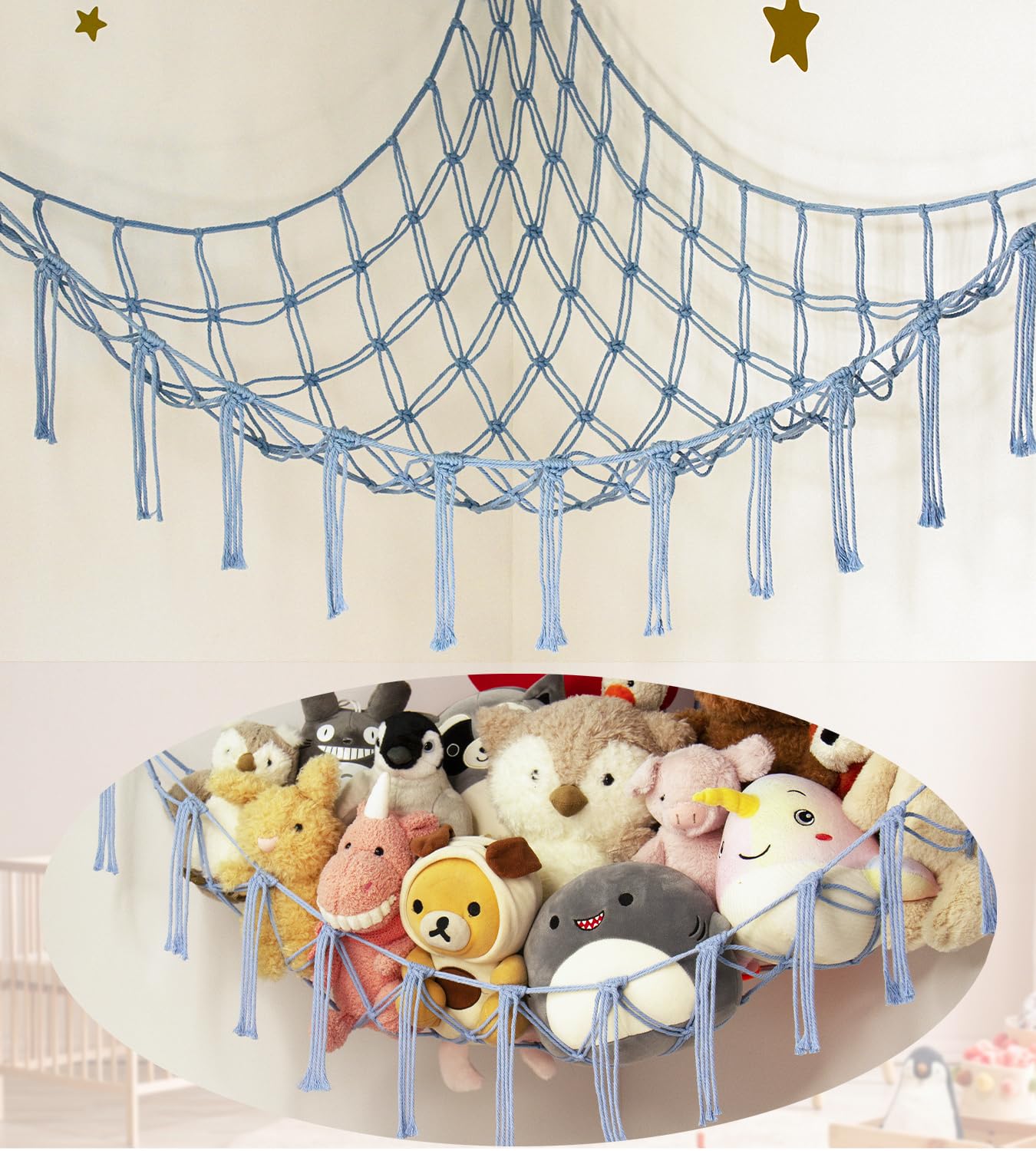 Mirolam blue hammock front view showing space-saving design for plush toys