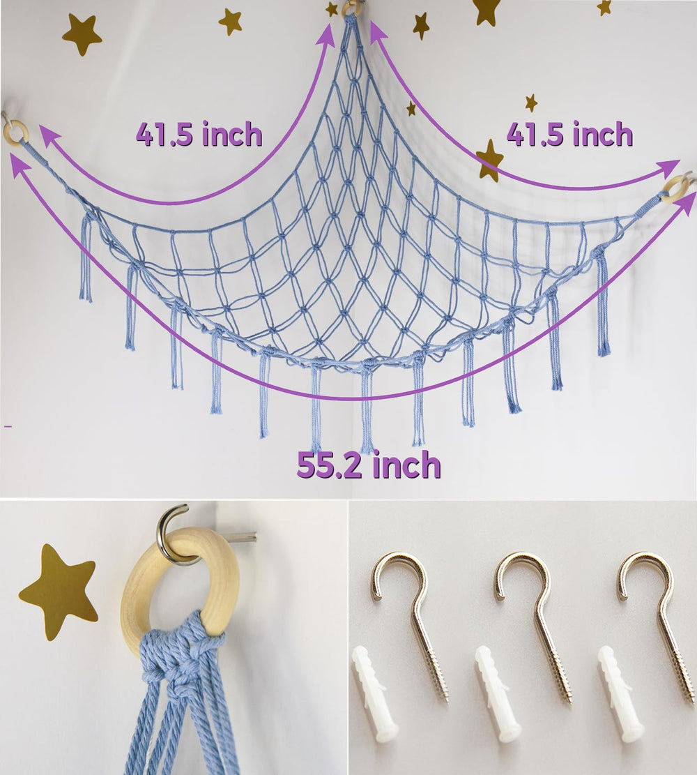 Mirolam blue hammock styled as decor in a playroom with plushies