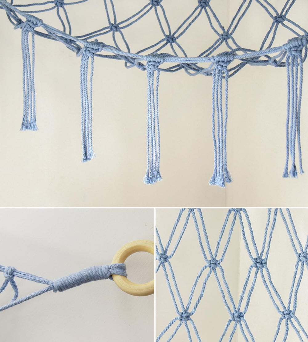Mirolam blue hammock with wall anchors demonstrates easy, secure mounting