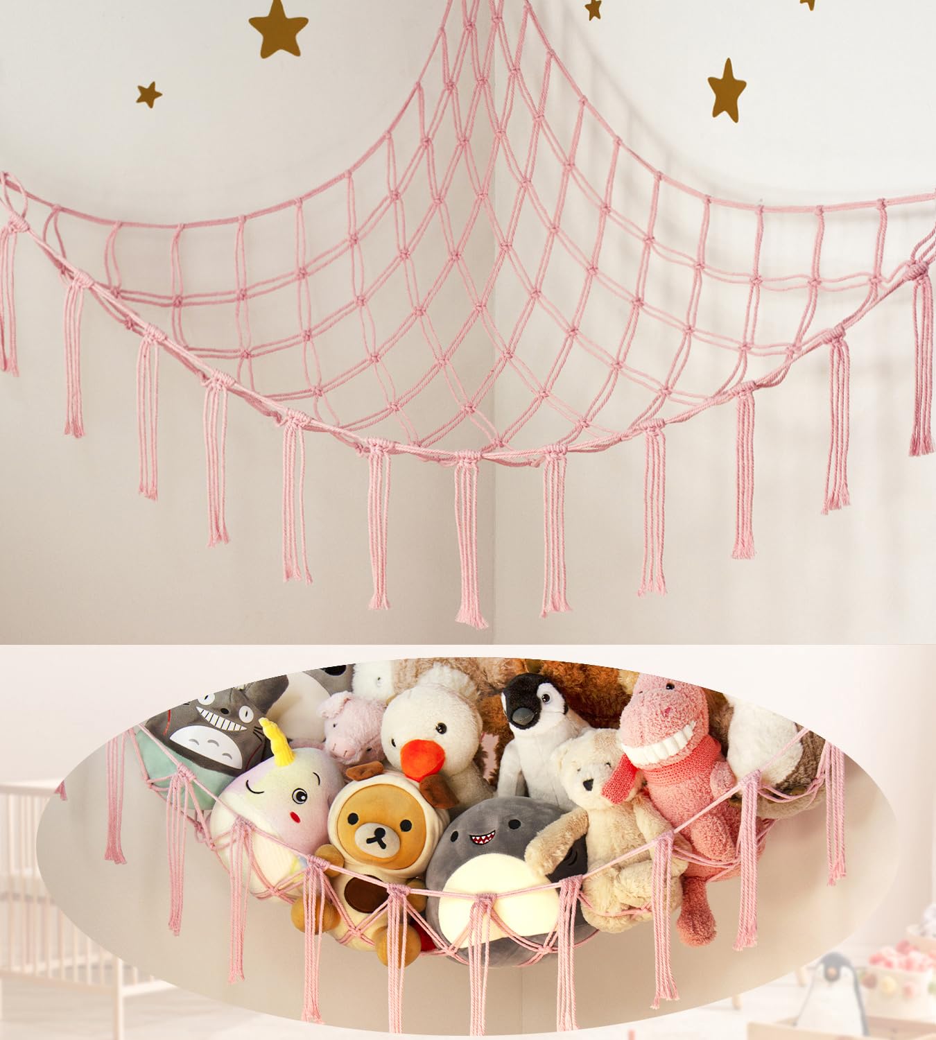 Mirolam stuffed animal storage hammock in pink corner net for durable toy organization.