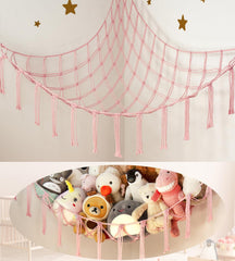 Mirolam stuffed animal storage hammock in pink corner net for durable toy organization.