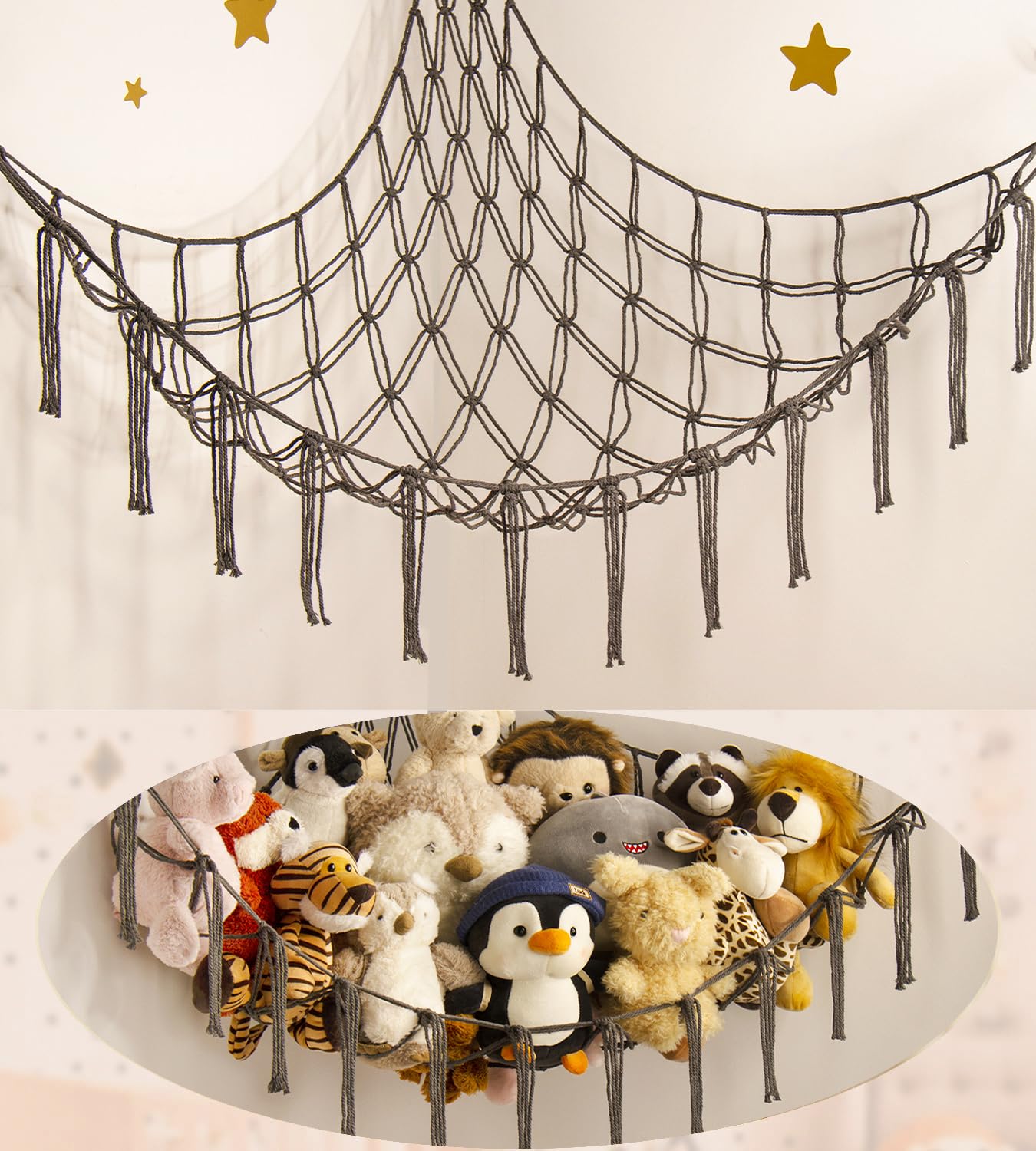Mirolam stuffed animals hammock corner hanging neatly organizes plush toys in a kids' room.