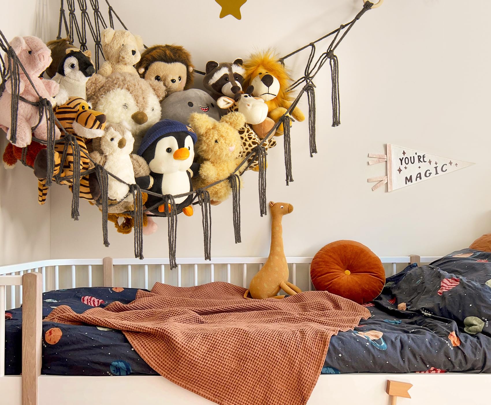 Mirolam toy hammock display shows off plushies while saving floor space in bedrooms.