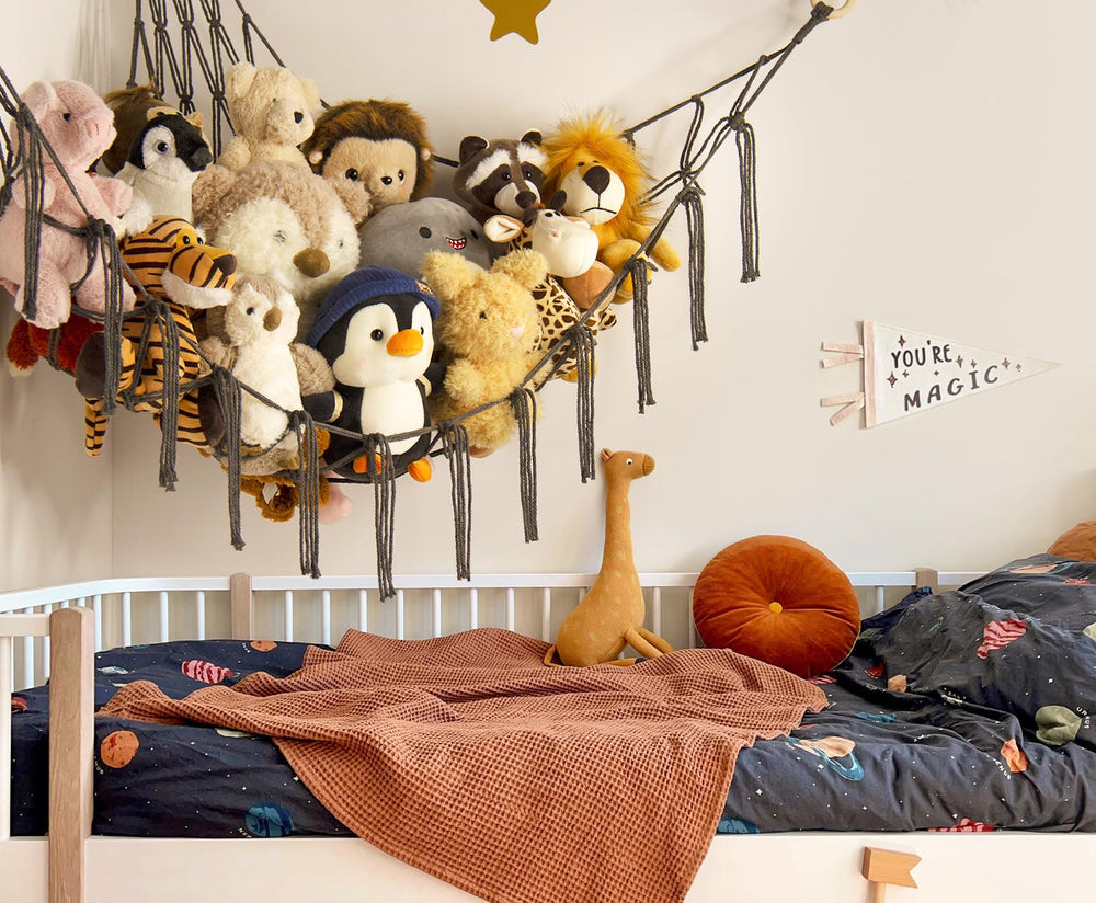 Mirolam toy hammock display shows off plushies while saving floor space in bedrooms.