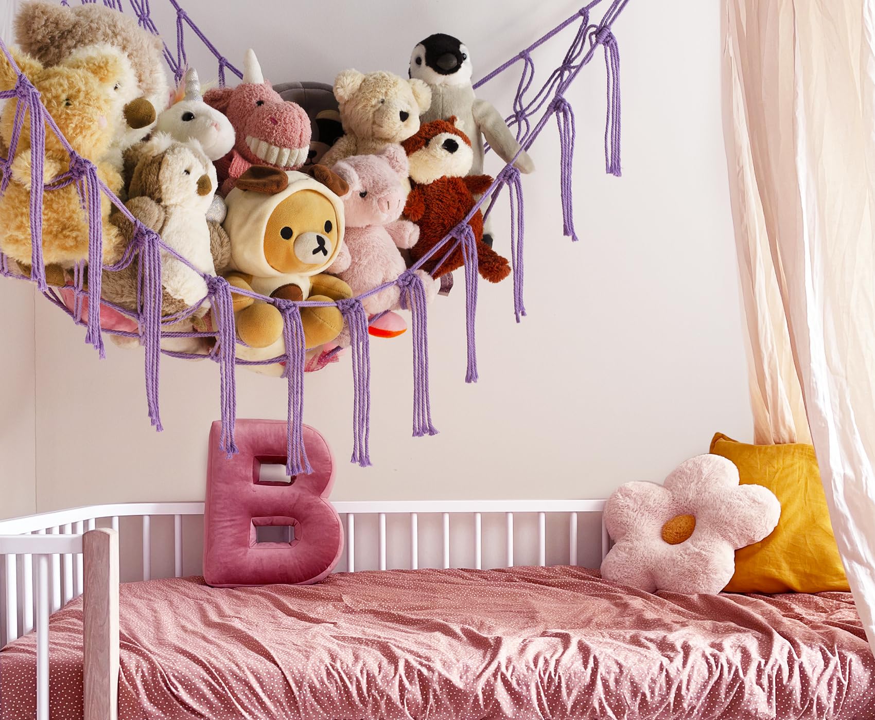 Mirolam toy hammock net hanging corner demonstrates easy corner hanging and clutter reduction