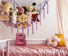 Mirolam toy hammock net hanging corner demonstrates easy corner hanging and clutter reduction