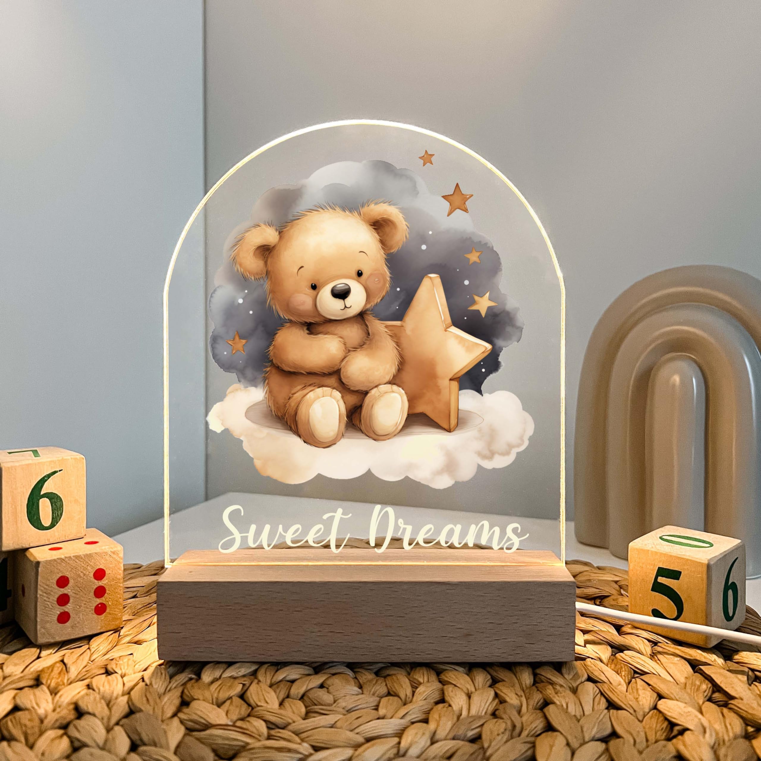 Mirror Mania wooden desk stand with LED lighting for cozy nursery decor.