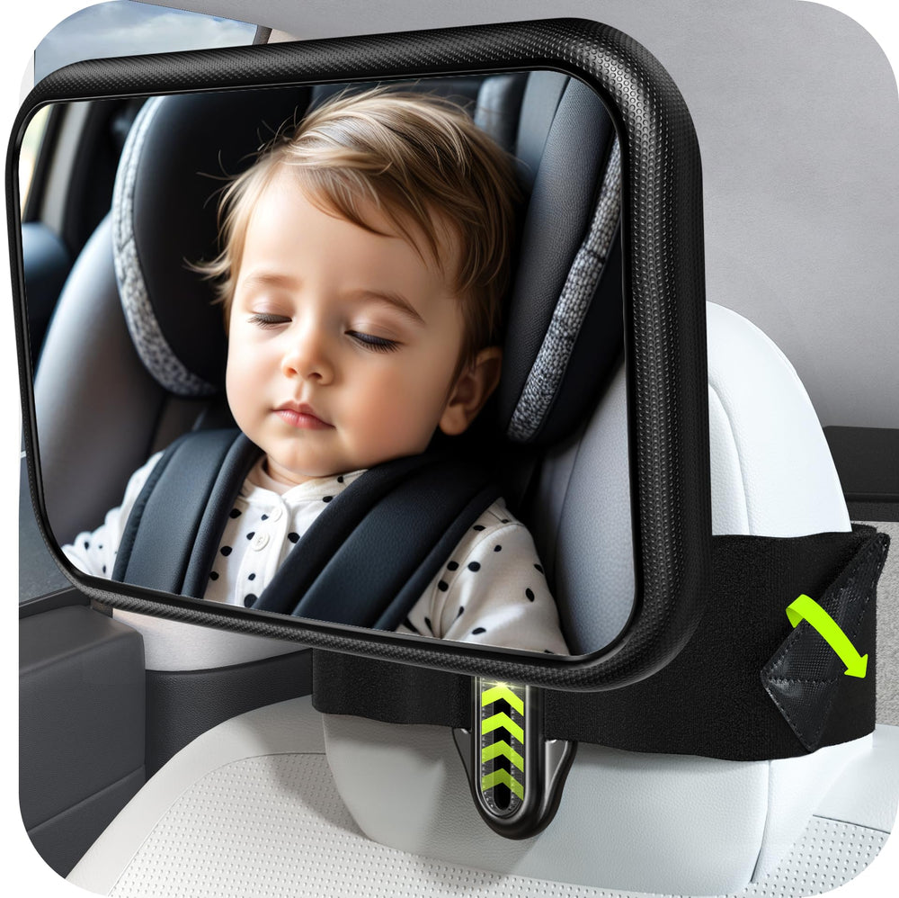 Mirrorsafe fixed headrest strap securely attaches for quick, tool-free installation.