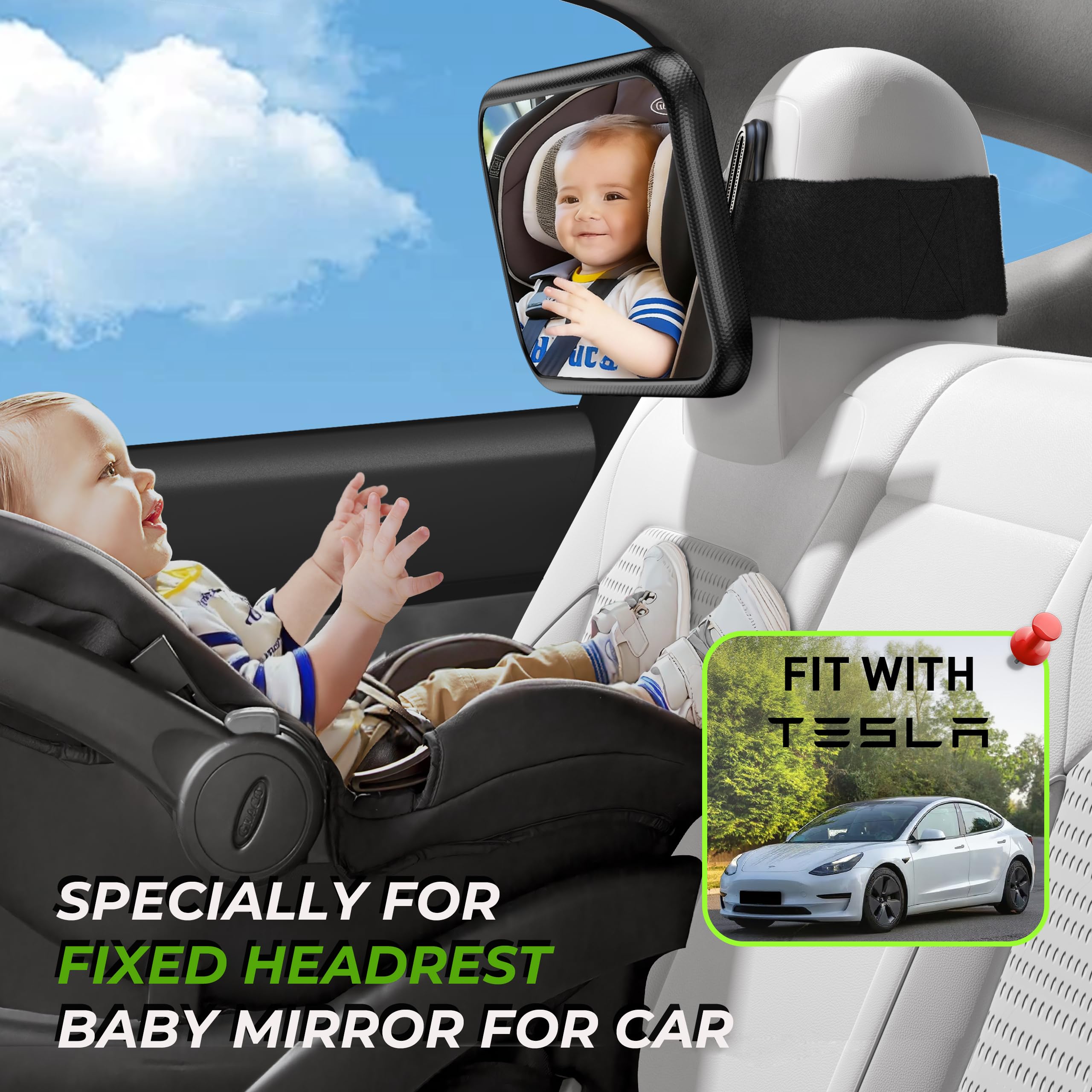 Mirrorsafe Tesla back-seat mount demonstrates secure, vehicle-friendly setup for rear-facing monitoring.
