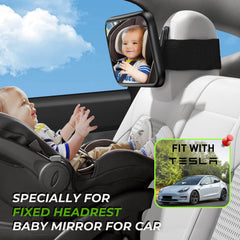Mirrorsafe Tesla back-seat mount demonstrates secure, vehicle-friendly setup for rear-facing monitoring.