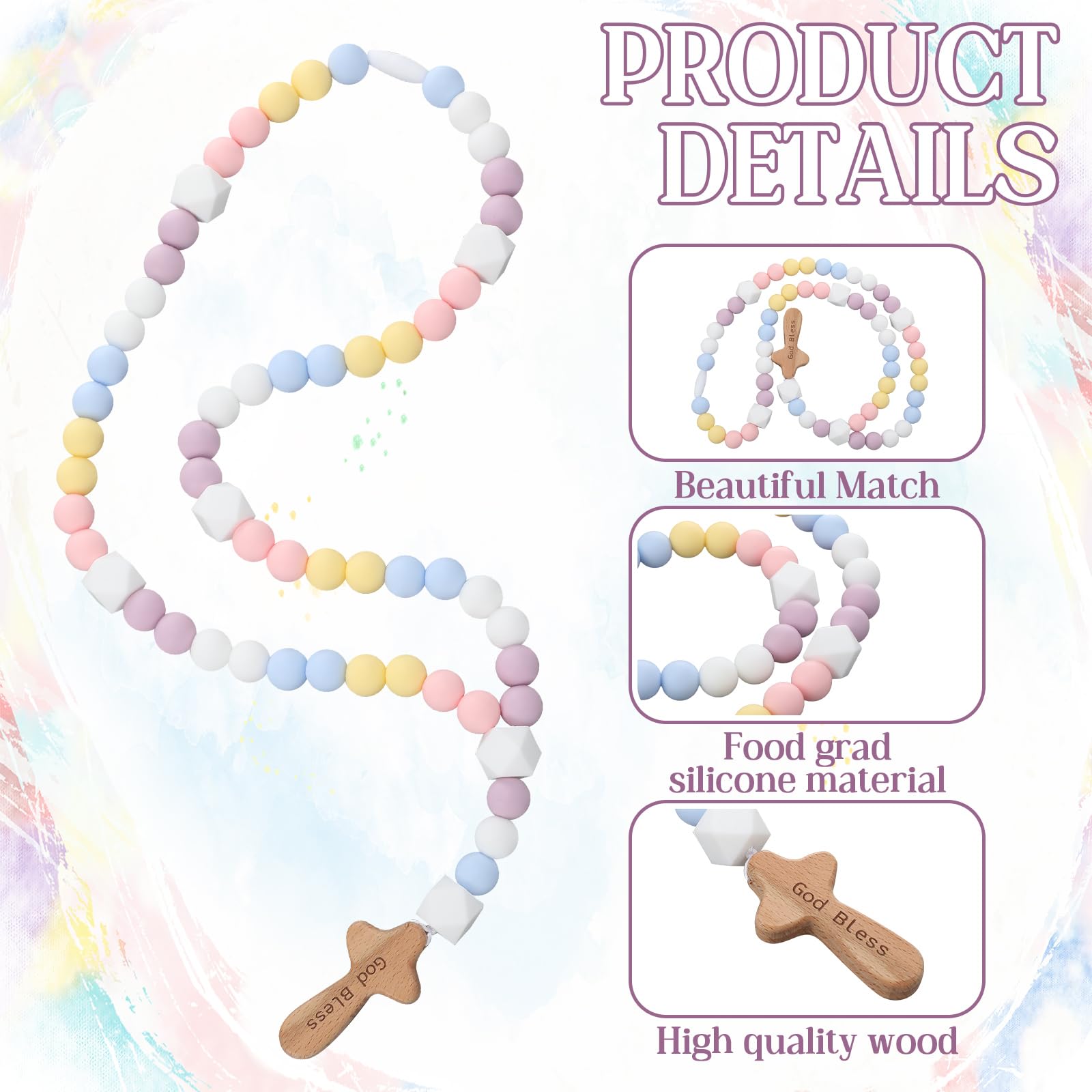 Misdary rosary with colorful beads adds vibrant baptismal style.