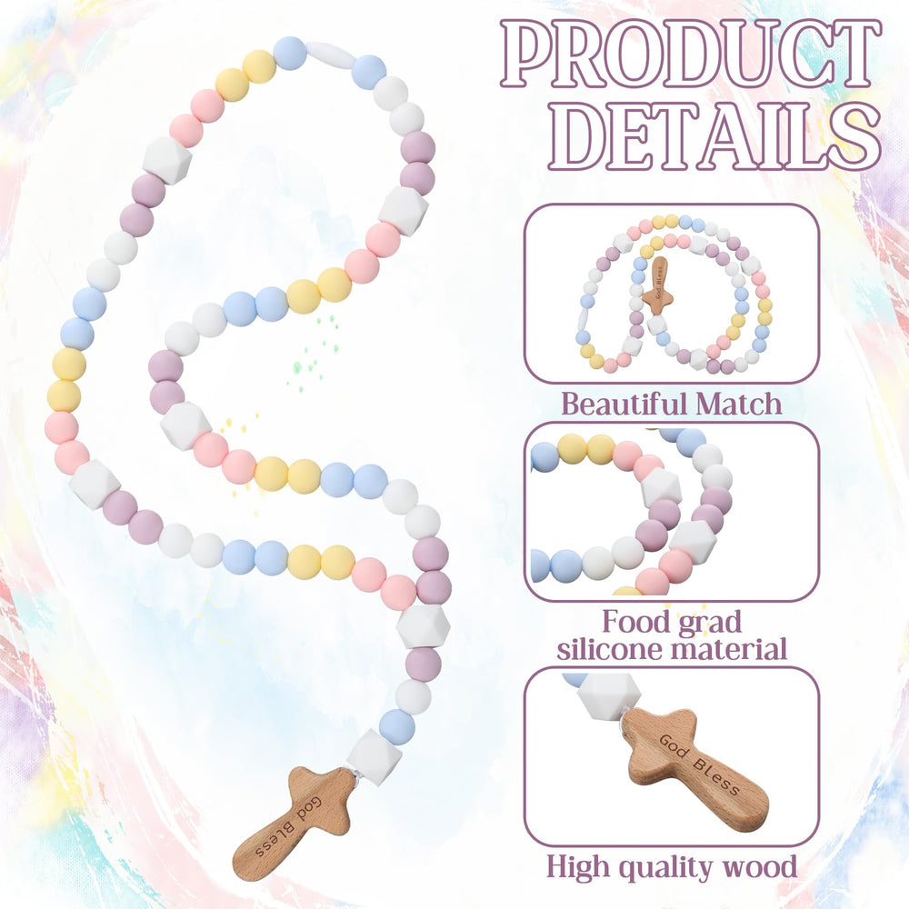 Misdary rosary with colorful beads adds vibrant baptismal style.