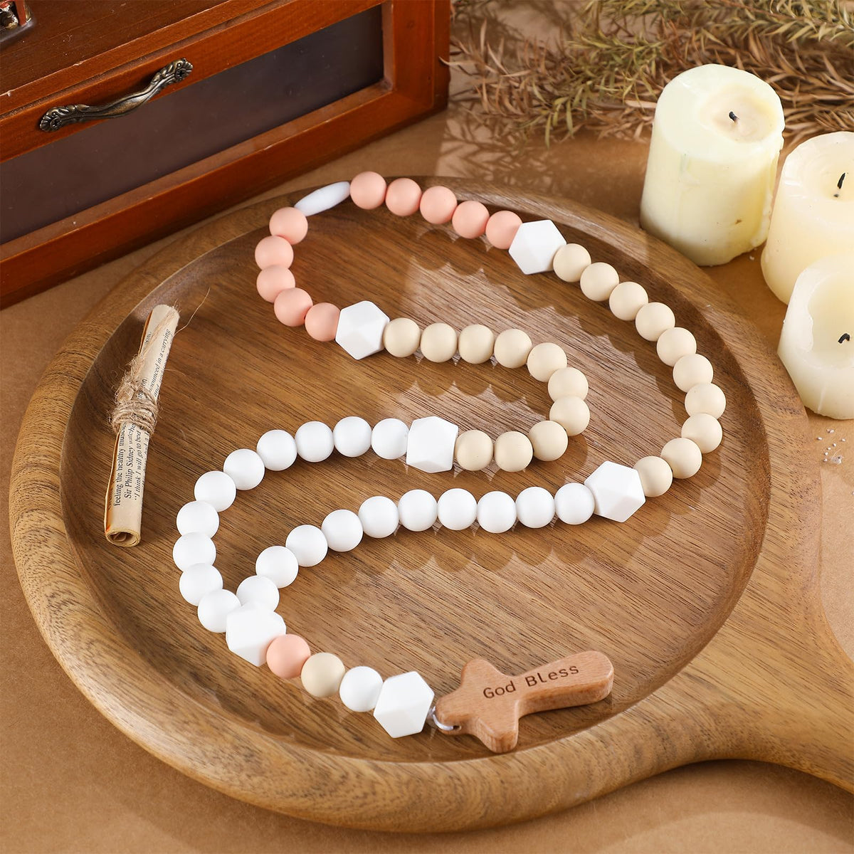 Misdary baby rosary silicone beads with cross, soft and safe for little hands