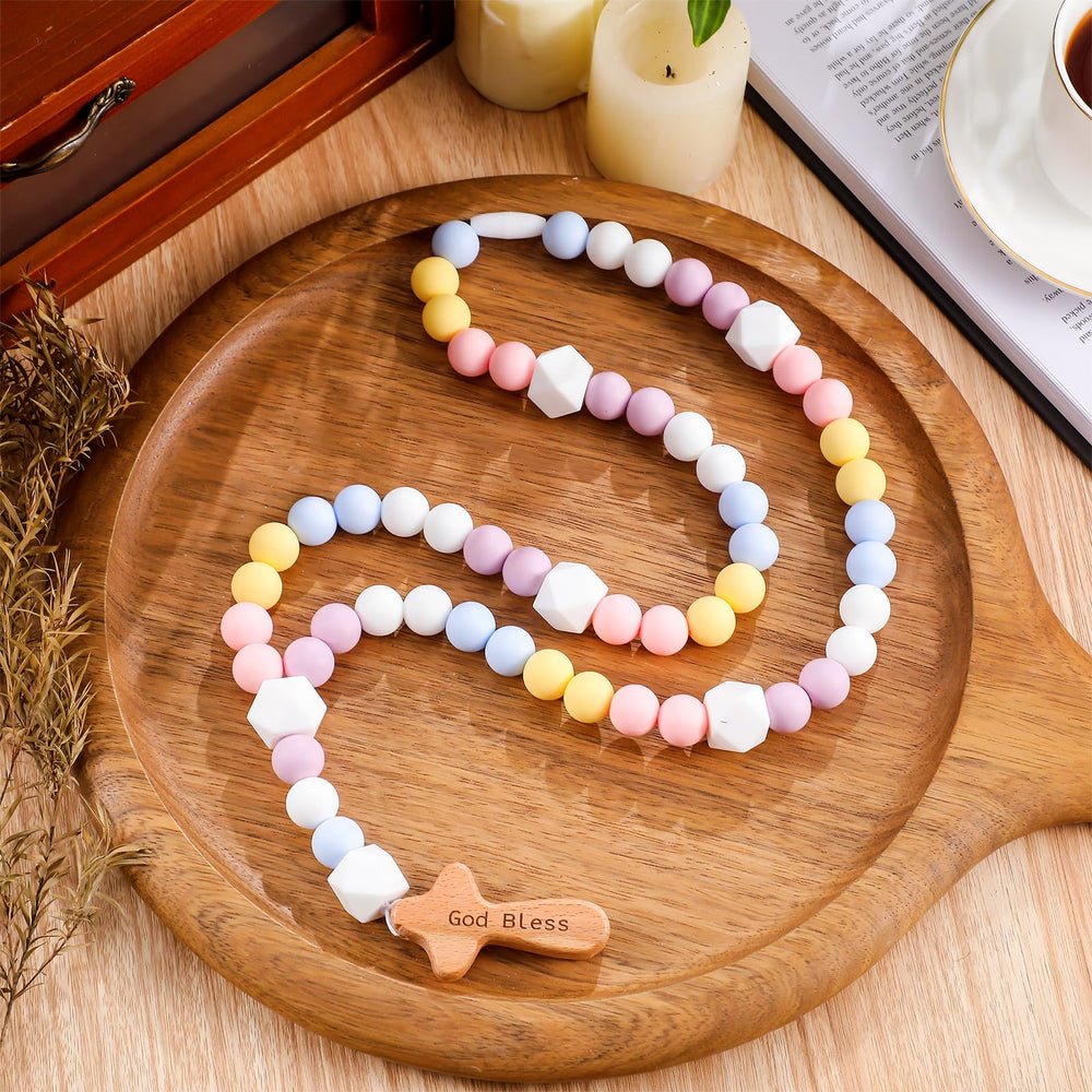 Misdary Baby Rosary silicone beads with cross, a gentle baptism keepsake.
