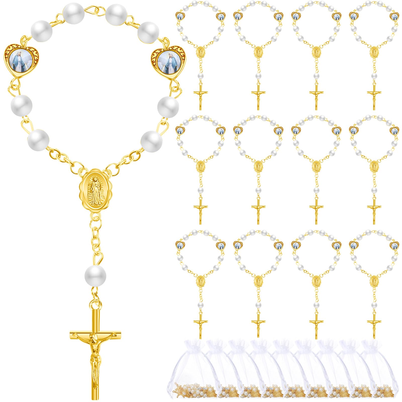 Misdary baptism rosary 30-pack in organza bags, elegant faux pearls for guest favors.