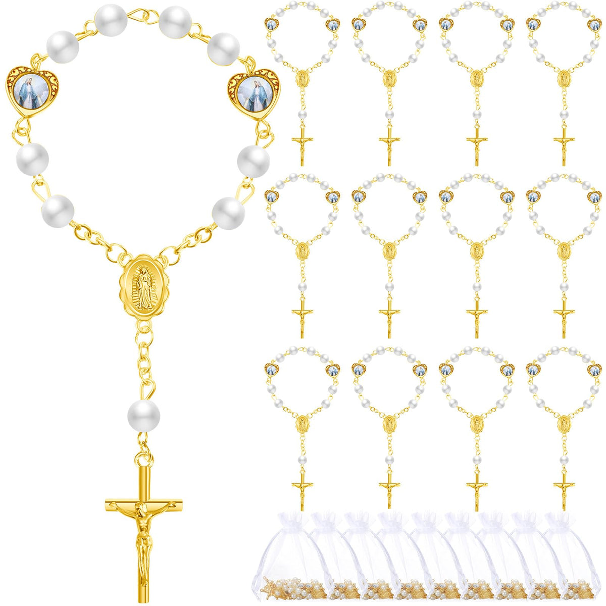Misdary baptism rosary 30-pack in organza bags, elegant faux pearls for guest favors.