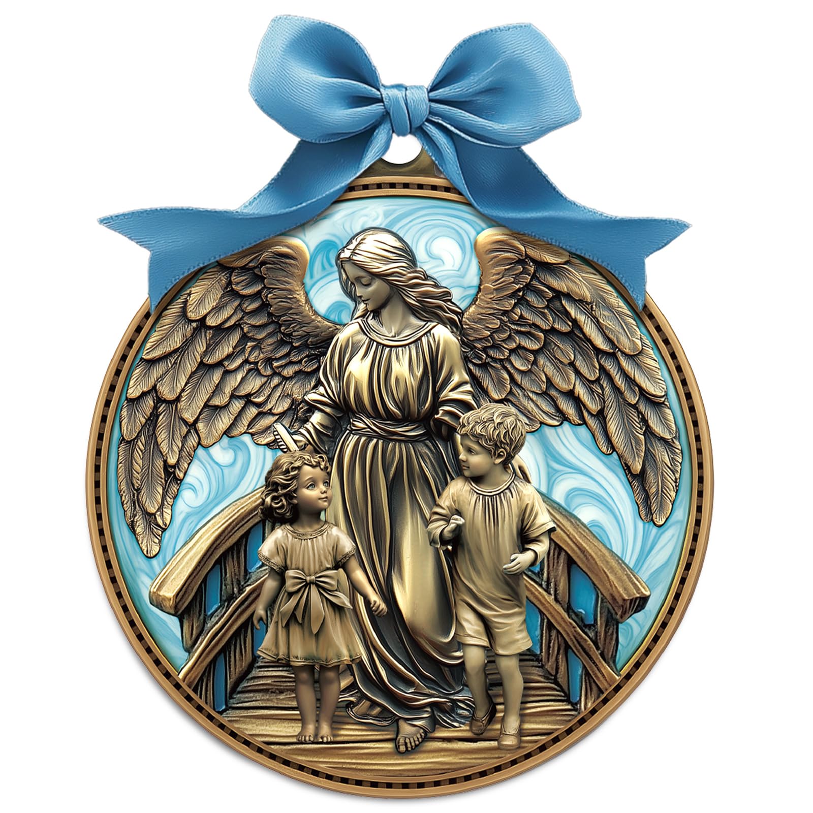Misdary Guardian Angel crib medal with blue background ready to become a cherished nursery keepsake