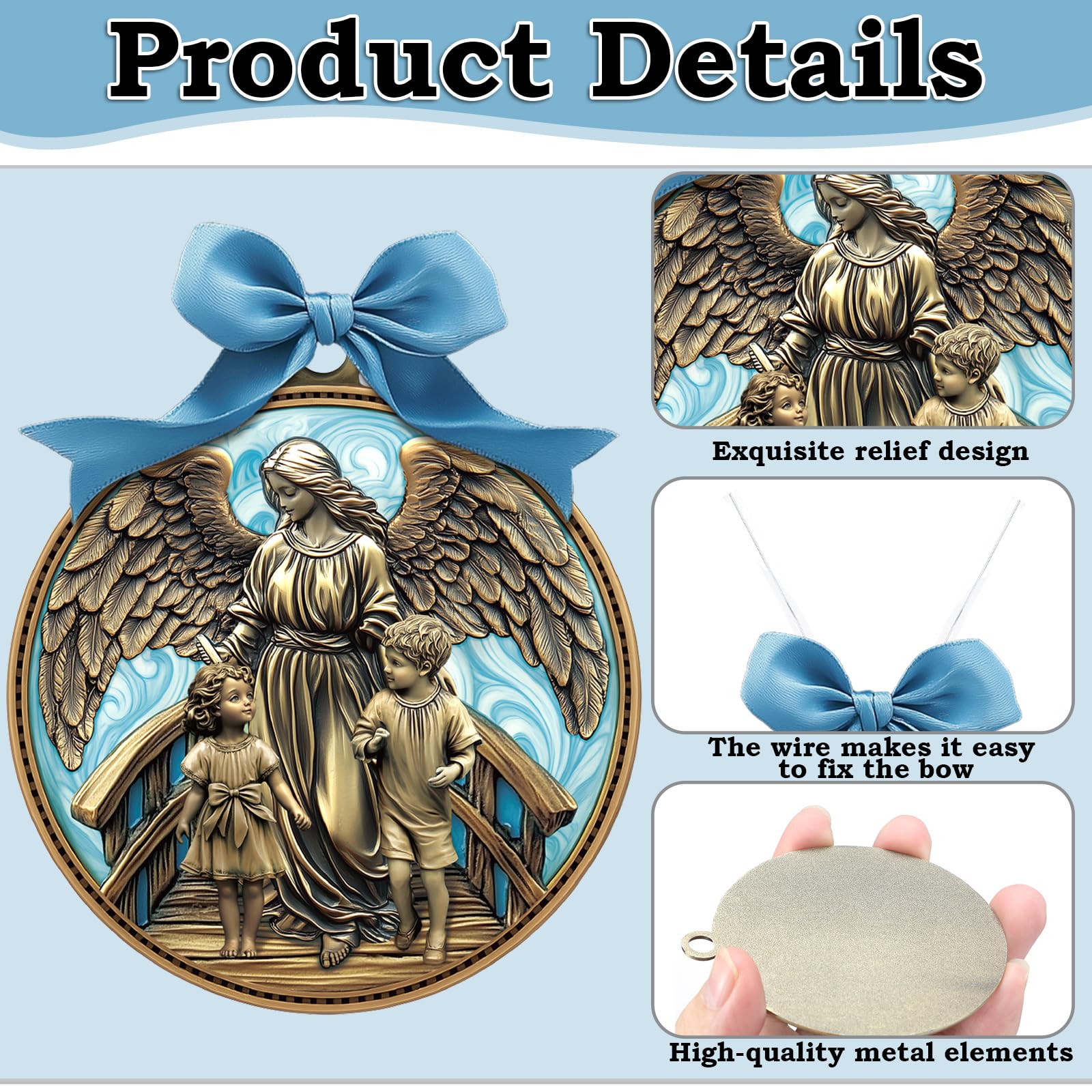 Misdary Guardian Angel crib medal hanging hole demonstrates easy display with ribbons for gentle nursery accents