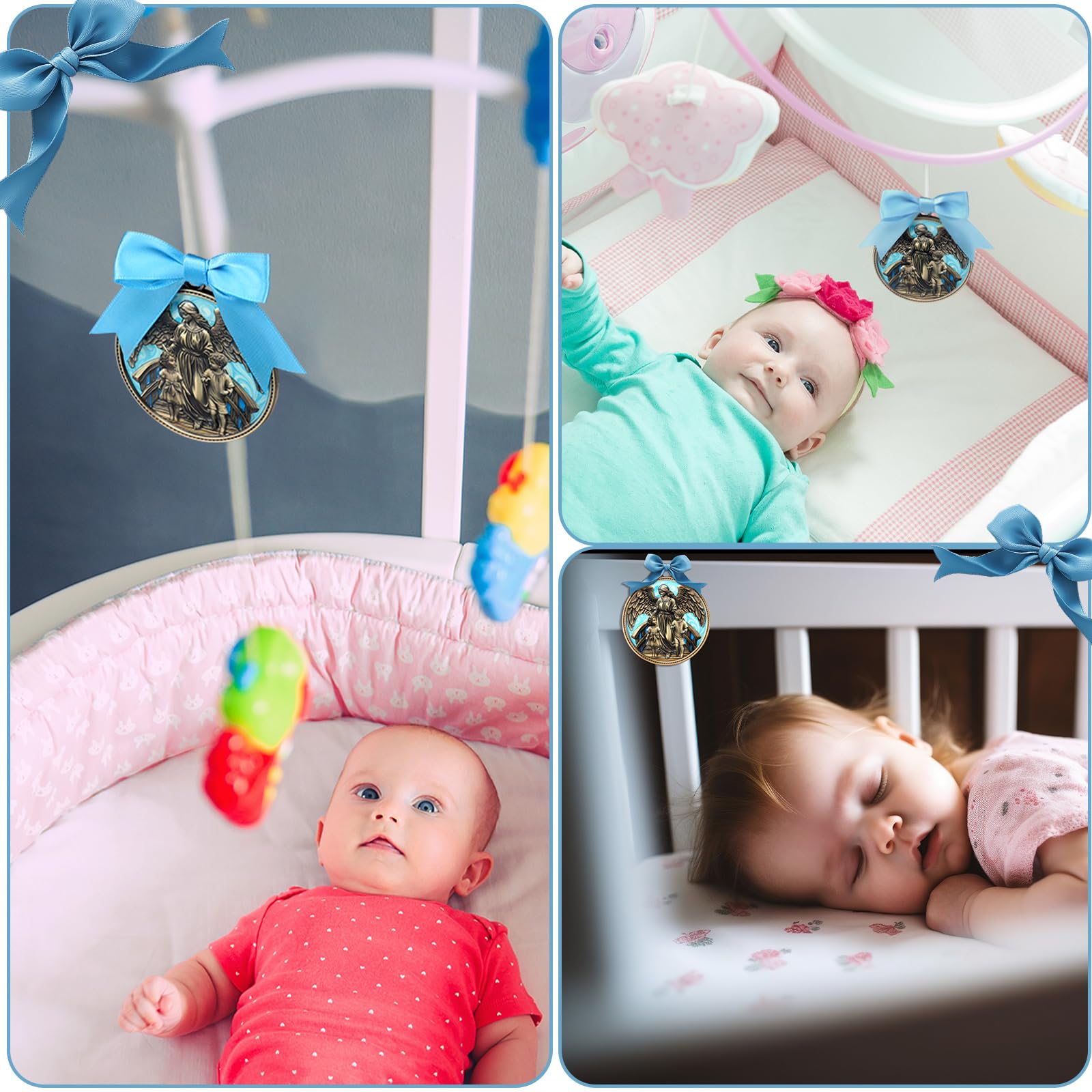 Misdary Guardian Angel crib medal sky-blue enamel detail enhances calming nursery aesthetics